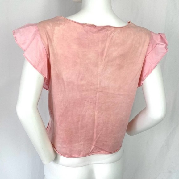 LOVESHACKFANCY CROPPED PINK FLUTTER SLEEVE BELLY SHIRT TOP SZ M - Picture 4 of 7